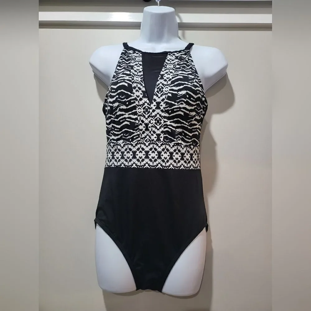 SWIM SOLUTIONS Tummy Control Mesh Insert Swimsuit NWT sz 10 black/white - Picture 3 of 5